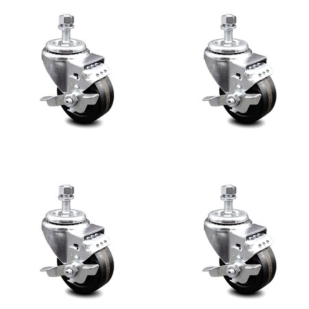 Service Caster 3.5 Inch Phenolic Wheel Swivel 1/2 Inch Threaded Stem Caster Set with Brake SCC SCC-TS20S3514-PHR-TLB-121315-4